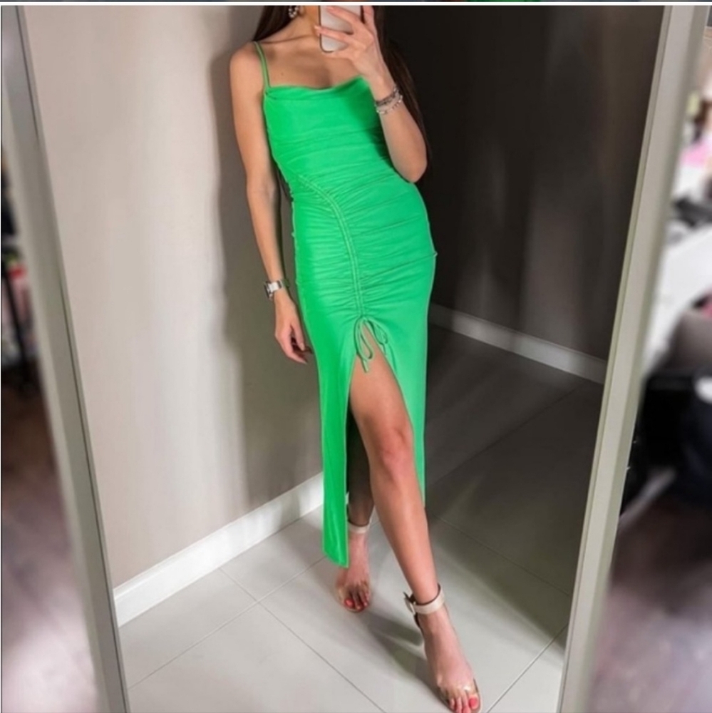 ZARA draped midi dress green size xs